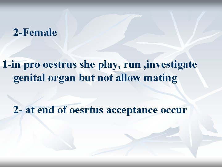 2 -Female 1 -in pro oestrus she play, run , investigate genital organ but