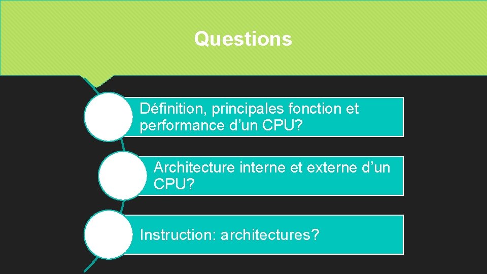 Questions Définition, principales fonction et performance d’un CPU? Architecture interne et externe d’un CPU?