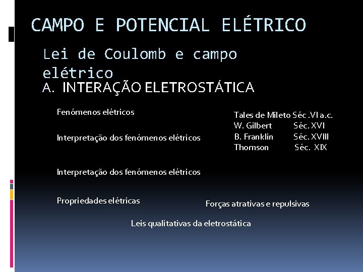 CAMPO E POTENCIAL ELÉTRICO Lei de Coulomb e campo elétrico A. INTERAÇÃO ELETROSTÁTICA Fenómenos