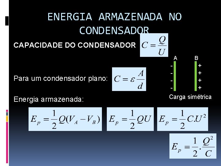 ENERGIA ARMAZENADA NO CONDENSADOR q CAPACIDADE DO CONDENSADOR A B Para um condensador plano: