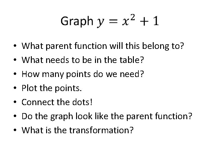  • • What parent function will this belong to? What needs to be
