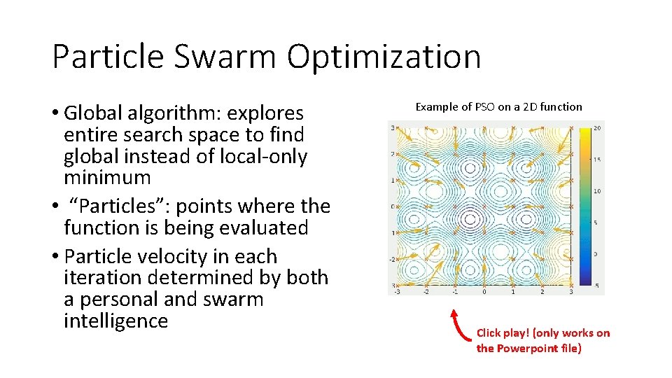 Particle Swarm Optimization • Global algorithm: explores entire search space to find global instead