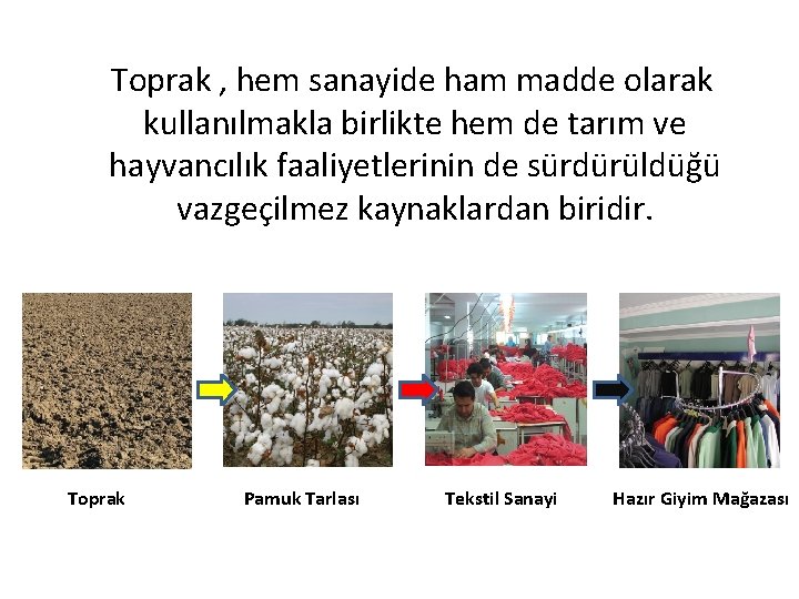 Toprak , hem sanayide ham madde olarak kullanılmakla birlikte hem de tarım ve hayvancılık