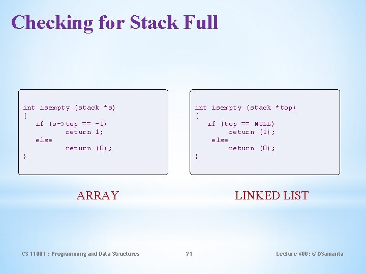 Checking for Stack Full int isempty (stack *s) { if (s->top == -1) return