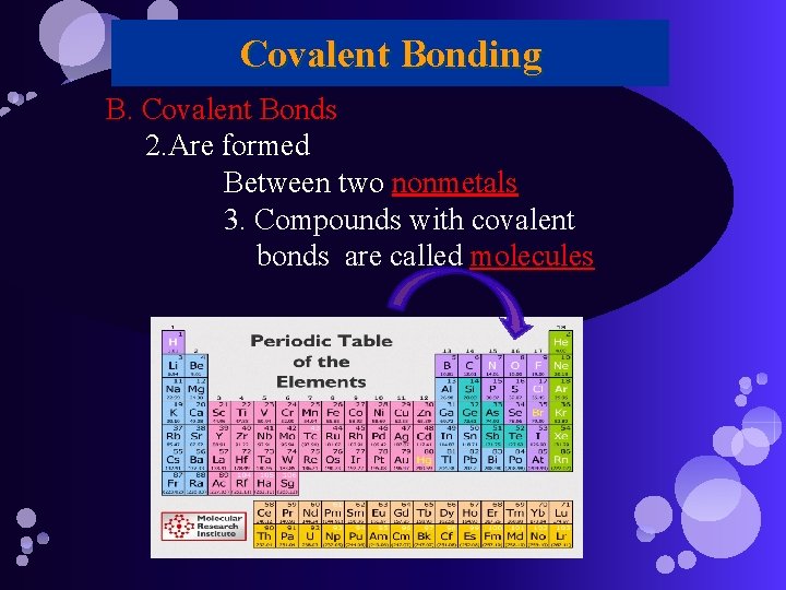 Covalent Bonding B. Covalent Bonds 2. Are formed Between two nonmetals 3. Compounds with