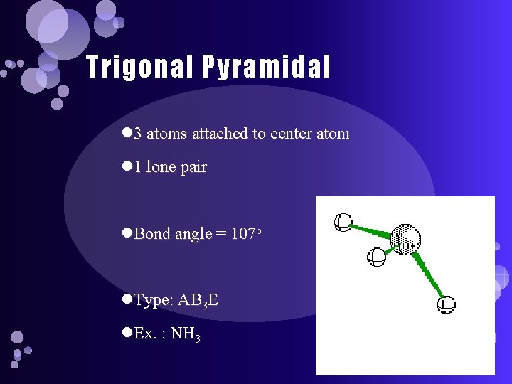 Trigonal Pyramidal 3 atoms attached to center atom 1 lone pair Bond angle =