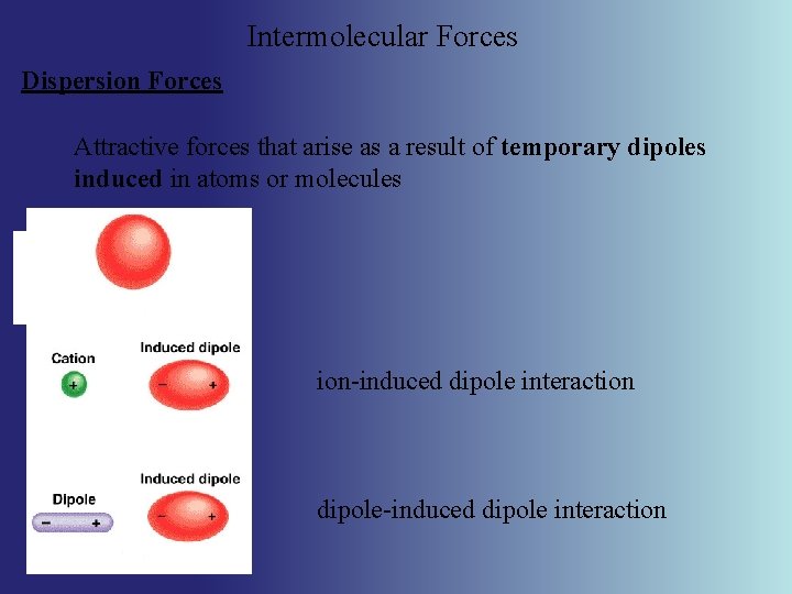 Intermolecular Forces Dispersion Forces Attractive forces that arise as a result of temporary dipoles