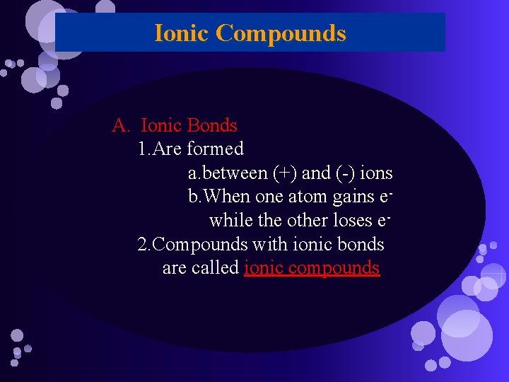 Ionic Compounds A. Ionic Bonds 1. Are formed a. between (+) and (-) ions