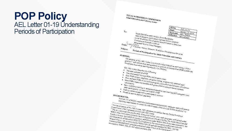POP Policy AEL Letter 01 -19 Understanding Periods of Participation 