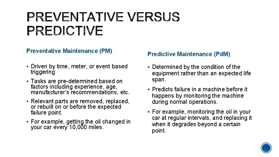 Preventative Maintenance (PM) § Driven by time, meter, or event based triggering § Tasks