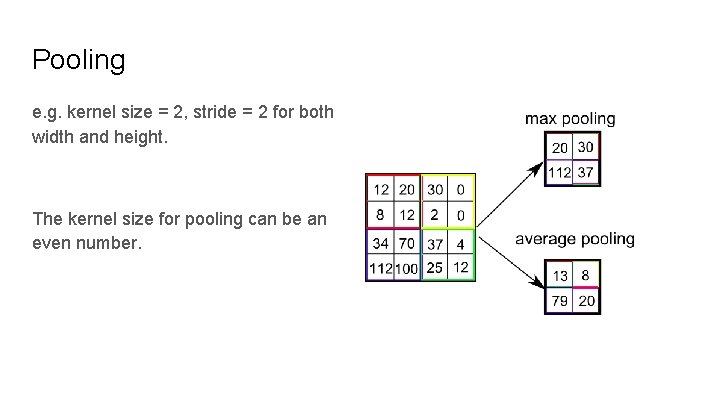 Pooling e. g. kernel size = 2, stride = 2 for both width and Pooling e. g. kernel size = 2, stride = 2 for both width and