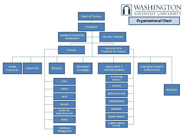 Board of Trustees Organizational Chart President Business & Community Development Executive Vice President for