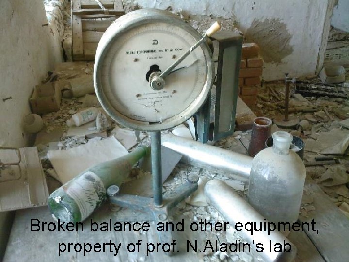 Broken balance and other equipment, property of prof. N. Aladin’s lab 