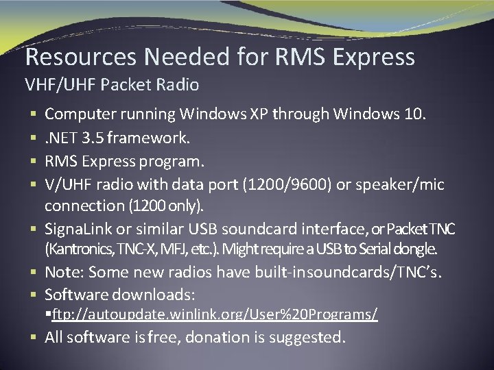 Resources Needed for RMS Express VHF/UHF Packet Radio Computer running Windows XP through Windows