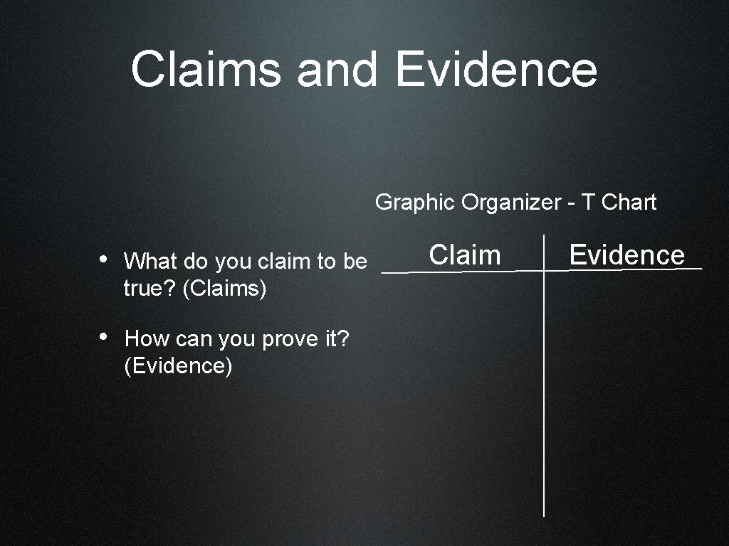Claims and Evidence Graphic Organizer - T Chart • What do you claim to