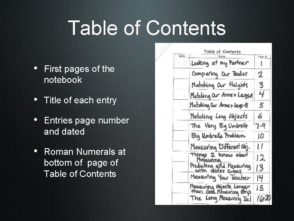 Table of Contents • First pages of the notebook • Title of each entry
