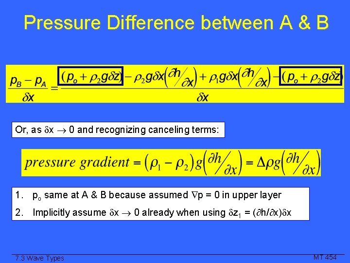 Pressure Difference between A & B Or, as x 0 and recognizing canceling terms: