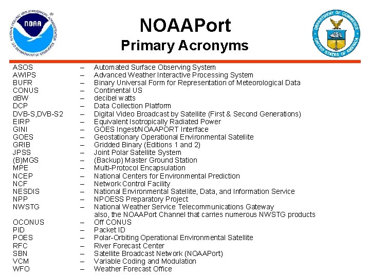 NOAAPort Primary Acronyms ASOS AWIPS BUFR CONUS d. BW DCP DVB-S, DVB-S 2 EIRP