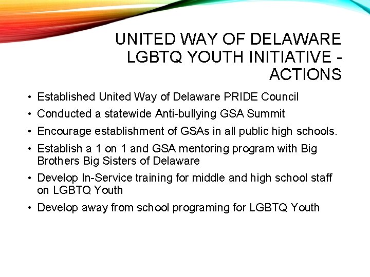 UNITED WAY OF DELAWARE LGBTQ YOUTH INITIATIVE ACTIONS • Established United Way of Delaware