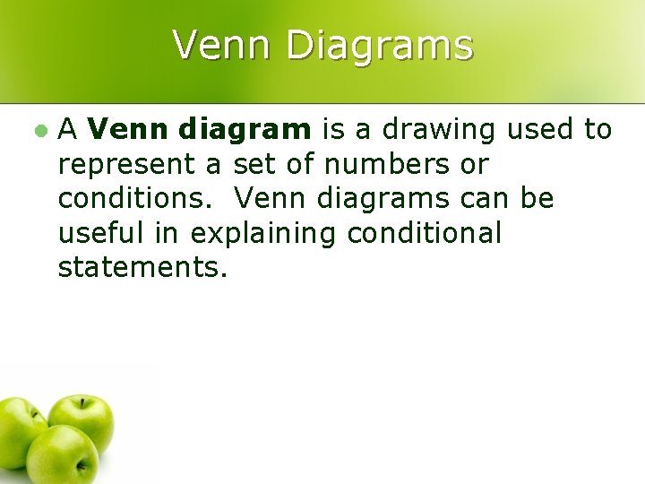 Venn Diagrams l A Venn diagram is a drawing used to represent a set