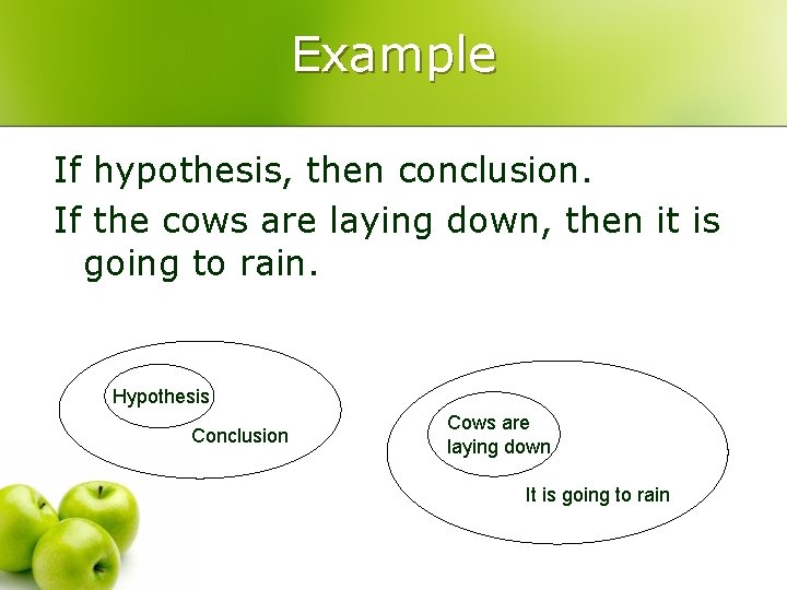 Example If hypothesis, then conclusion. If the cows are laying down, then it is