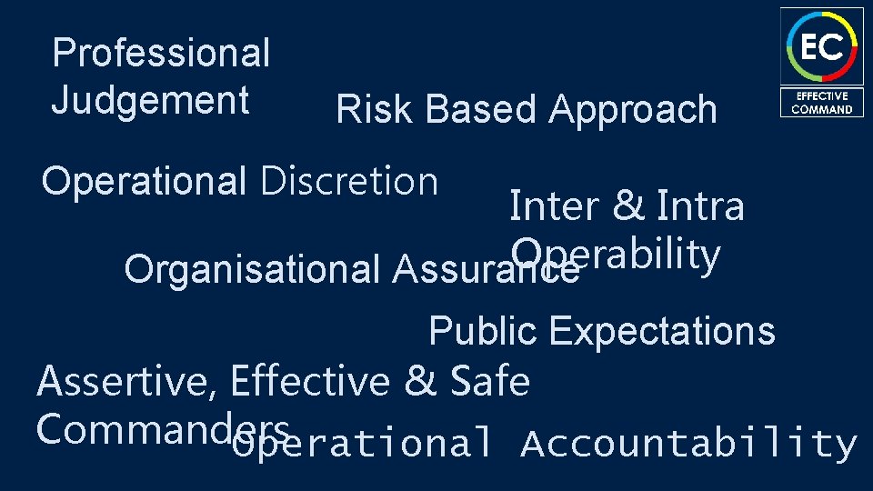 Professional Judgement Risk Based Approach Operational Discretion Inter & Intra Operability Organisational Assurance Public