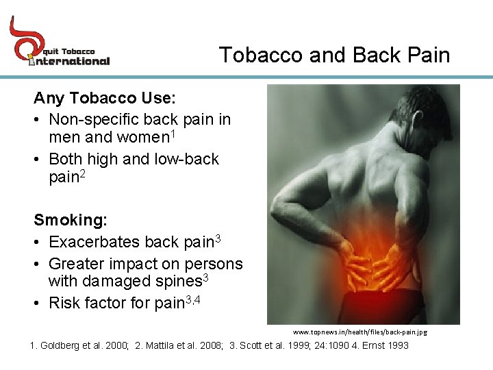 Tobacco and Back Pain Any Tobacco Use: • Non-specific back pain in men and