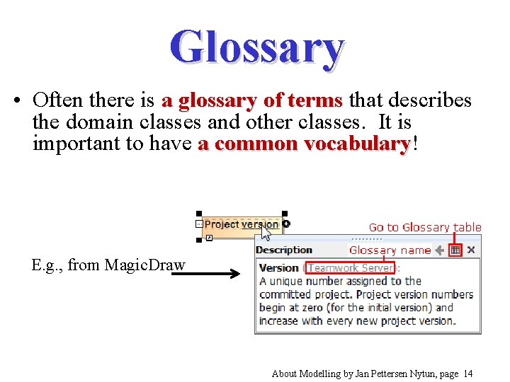 Glossary • Often there is a glossary of terms that describes the domain classes