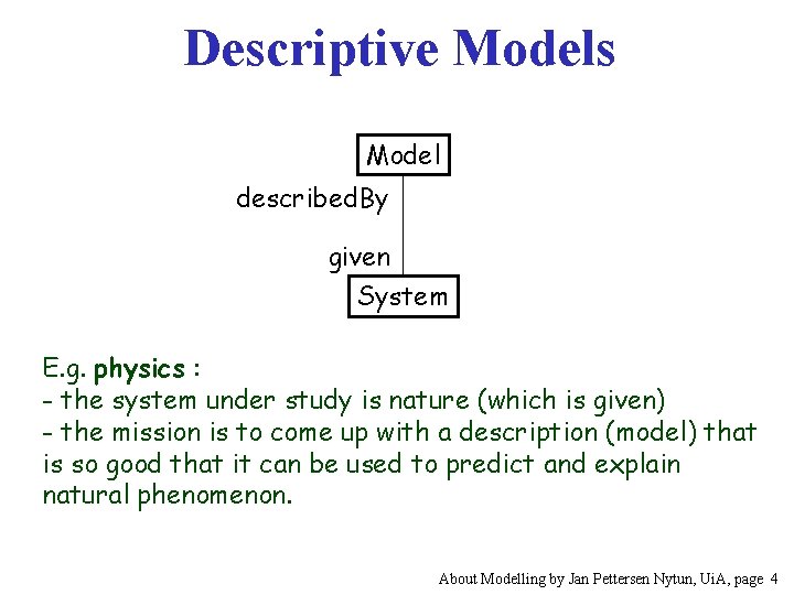 Descriptive Models Model described. By given System E. g. physics : - the system