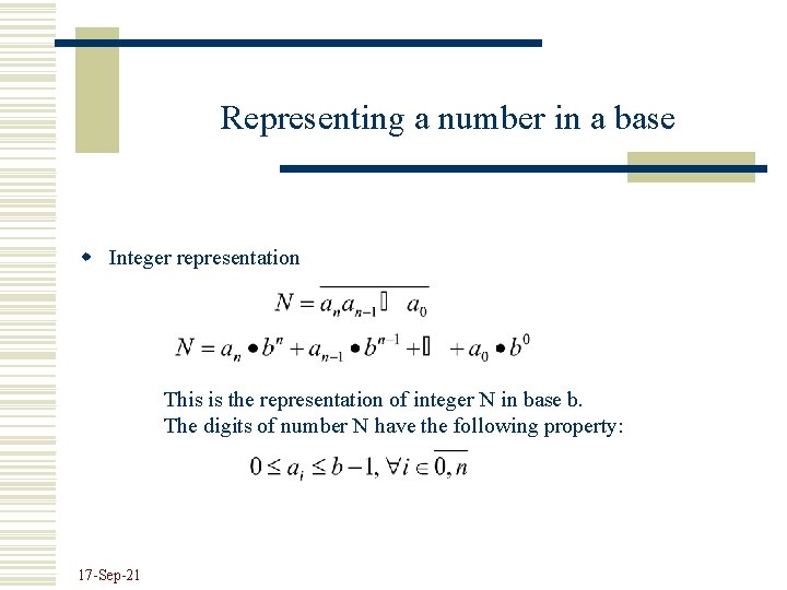 Representing a number in a base w Integer representation This is the representation of