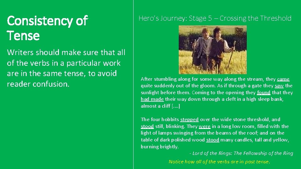 Consistency of Tense Writers should make sure that all of the verbs in a