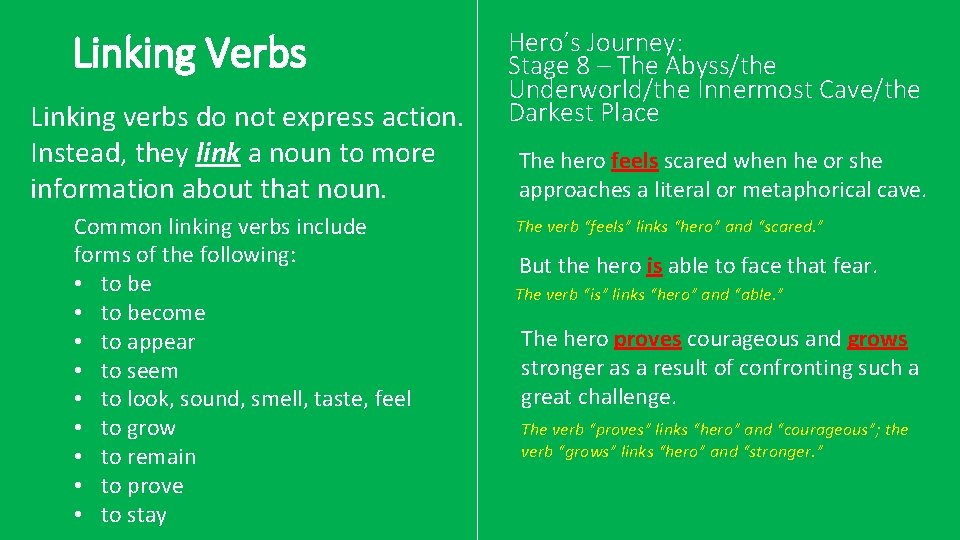 Linking Verbs Linking verbs do not express action. Instead, they link a noun to