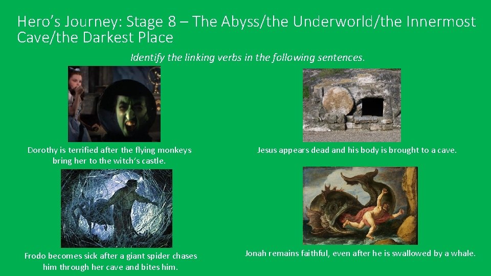 Hero’s Journey: Stage 8 – The Abyss/the Underworld/the Innermost Cave/the Darkest Place Identify the