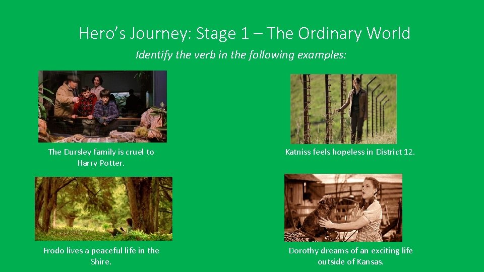 Hero’s Journey: Stage 1 – The Ordinary World Identify the verb in the following