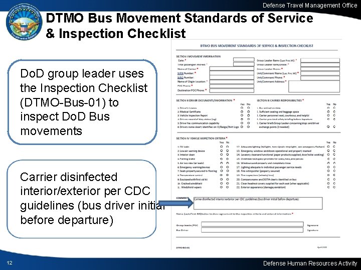 Defense Travel Management Office DTMO Bus Movement Standards of Service & Inspection Checklist Do.