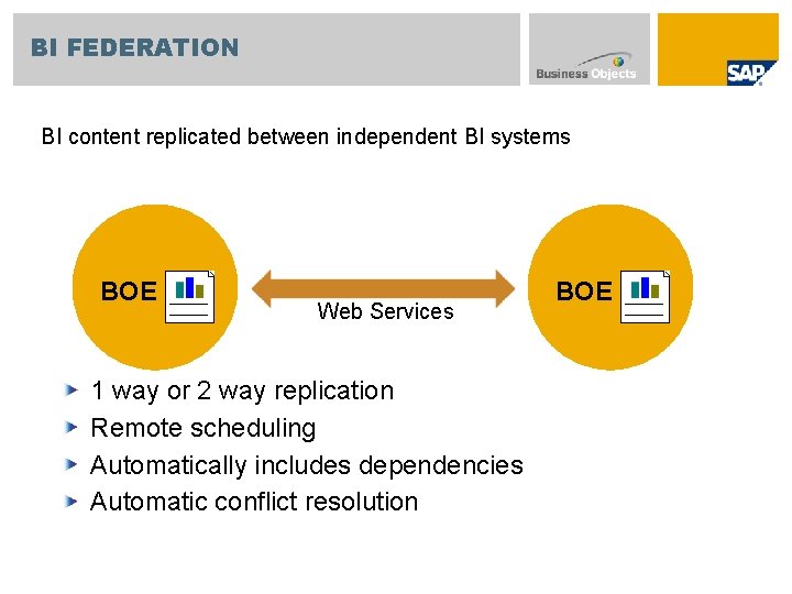 BI FEDERATION BI content replicated between independent BI systems BOE Web Services 1 way