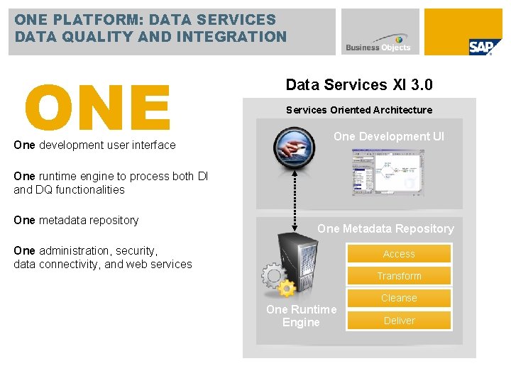 ONE PLATFORM: DATA SERVICES DATA QUALITY AND INTEGRATION ONE One development user interface Data