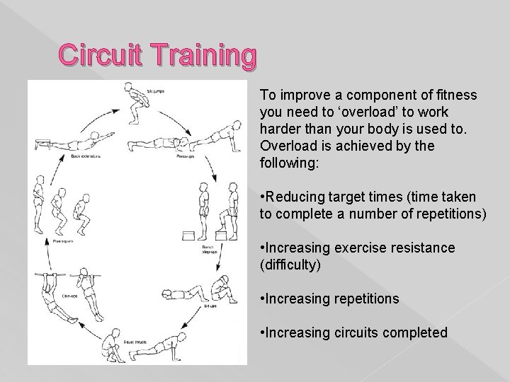 Circuit Training To improve a component of fitness you need to ‘overload’ to work