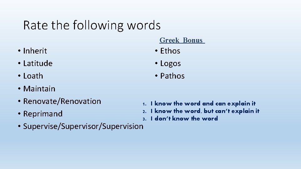 Rate the following words Greek Bonus • Inherit • Ethos • Latitude • Logos
