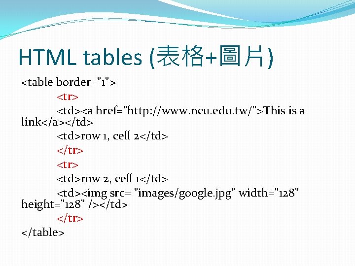 HTML tables (表格+圖片) <table border="1"> <tr> <td><a href="http: //www. ncu. edu. tw/">This is a