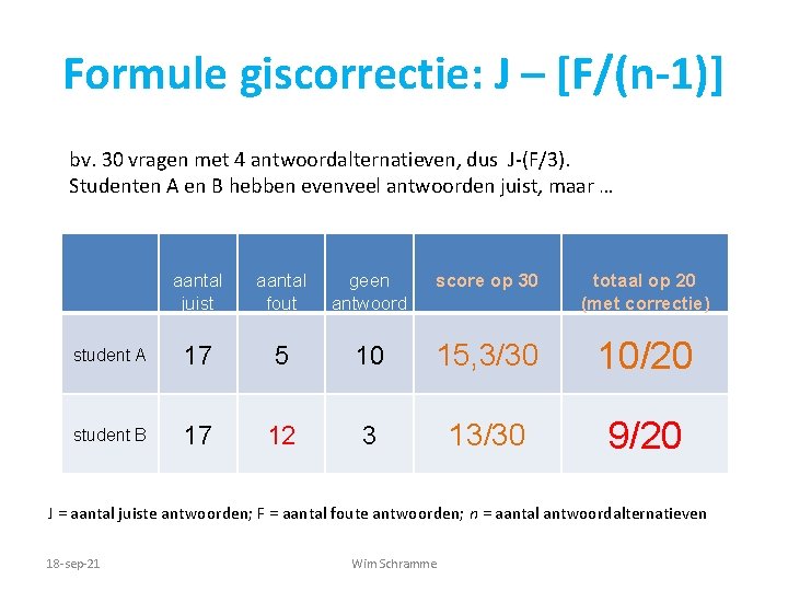 Formule giscorrectie: J – [F/(n-1)] bv. 30 vragen met 4 antwoordalternatieven, dus J-(F/3). Studenten