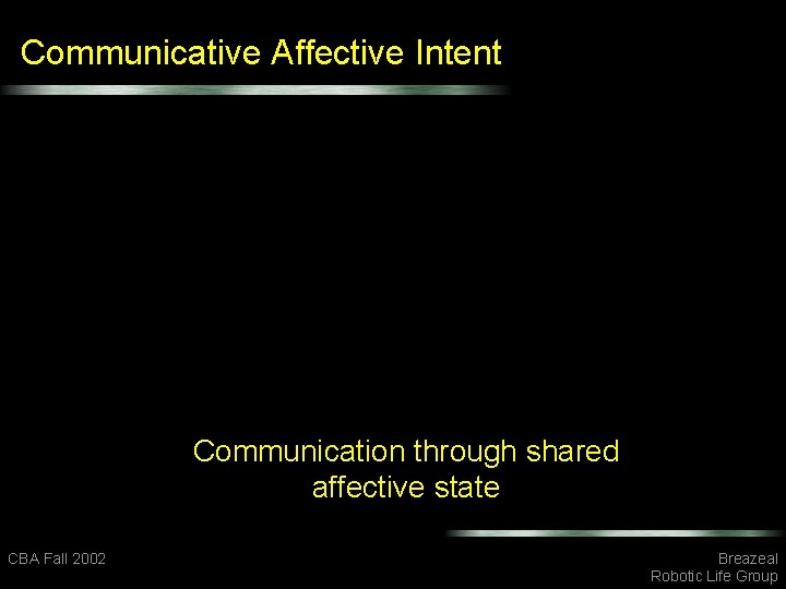 Communicative Affective Intent Communication through shared affective state CBA Fall 2002 Breazeal Robotic Life