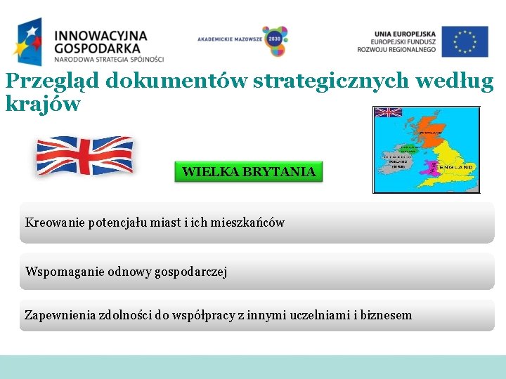 Przegląd dokumentów strategicznych według krajów WIELKA BRYTANIA Kreowanie potencjału miast i ich mieszkańców Wspomaganie