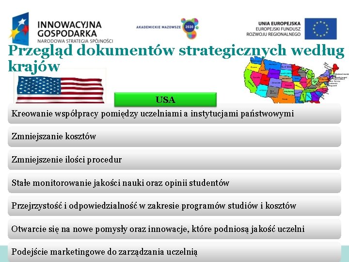 Przegląd dokumentów strategicznych według krajów USA Kreowanie współpracy pomiędzy uczelniami a instytucjami państwowymi Zmniejszanie