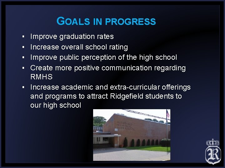 GOALS IN PROGRESS ▪ ▪ Improve graduation rates Increase overall school rating Improve public