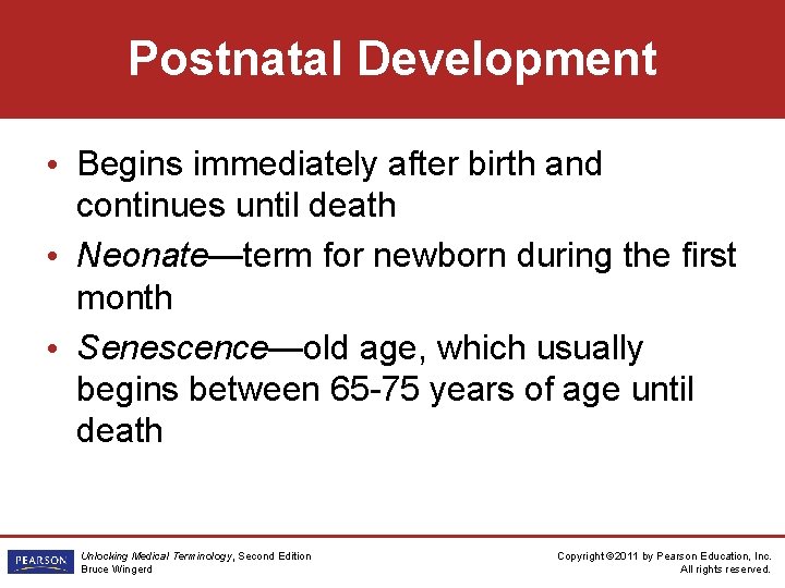 Postnatal Development • Begins immediately after birth and continues until death • Neonate—term for