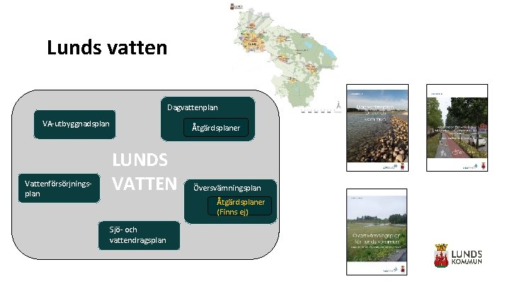 Lunds vatten Dagvattenplan VA-utbyggnadsplan Vattenförsörjningsplan Åtgärdsplaner LUNDS VATTEN Översvämningsplan Åtgärdsplaner (Finns ej) Sjö- och