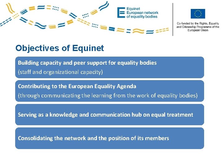 Co-funded by the PROGRESS Programme of the European Union Objectives of Equinet Building capacity