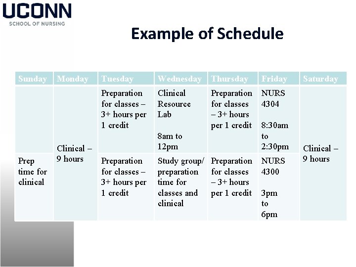 Example of Schedule Sunday Prep time for clinical Monday Clinical – 9 hours Tuesday