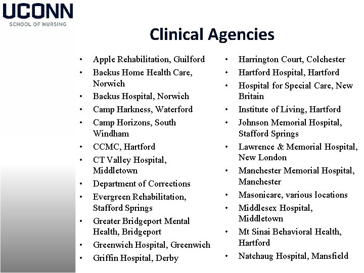 Clinical Agencies • • • Apple Rehabilitation, Guilford Backus Home Health Care, Norwich Backus